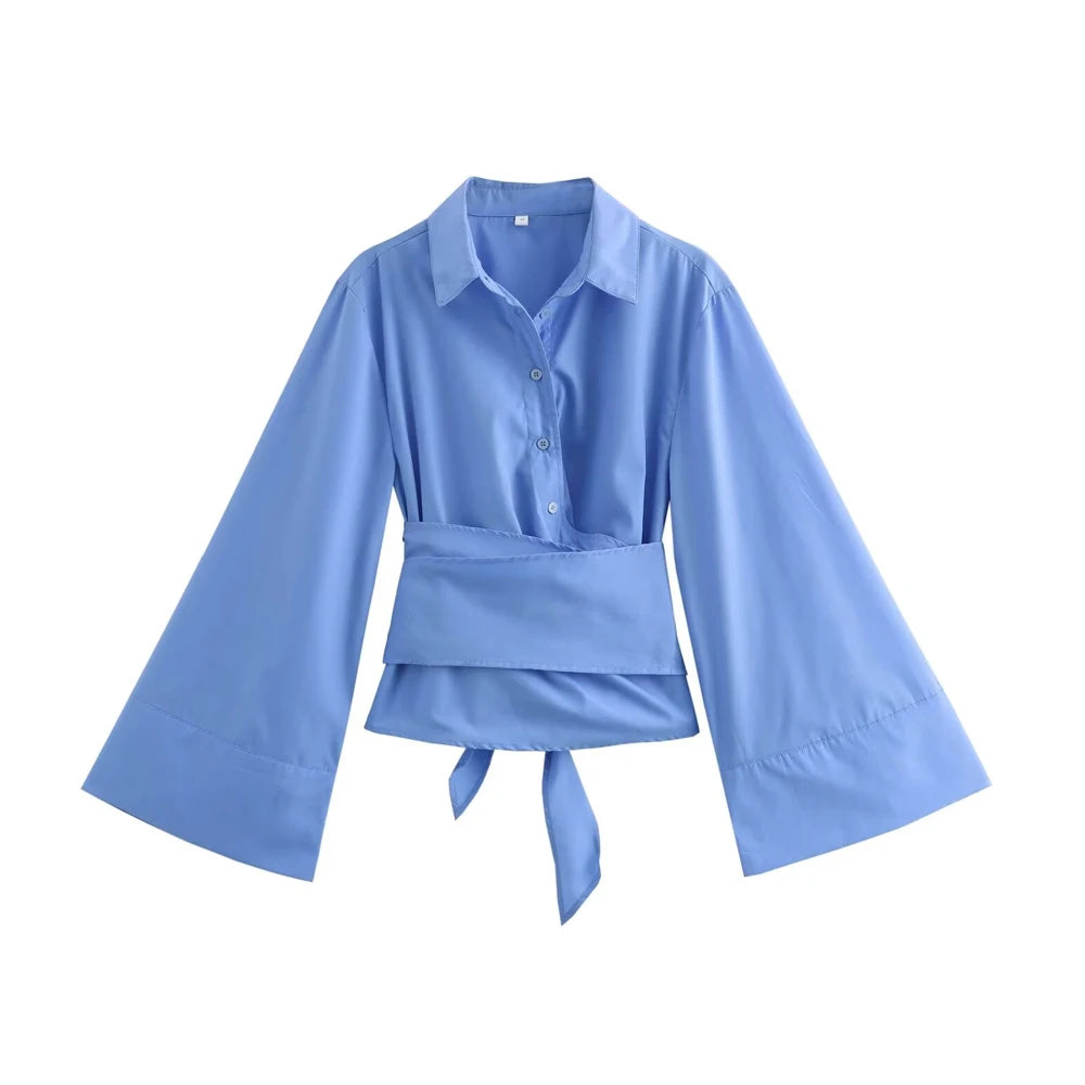 The Colette Long Sleeve Belted Blouse Saint Ashley Blue L 