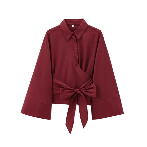 The Colette Long Sleeve Belted Blouse Saint Ashley Maroon XS 