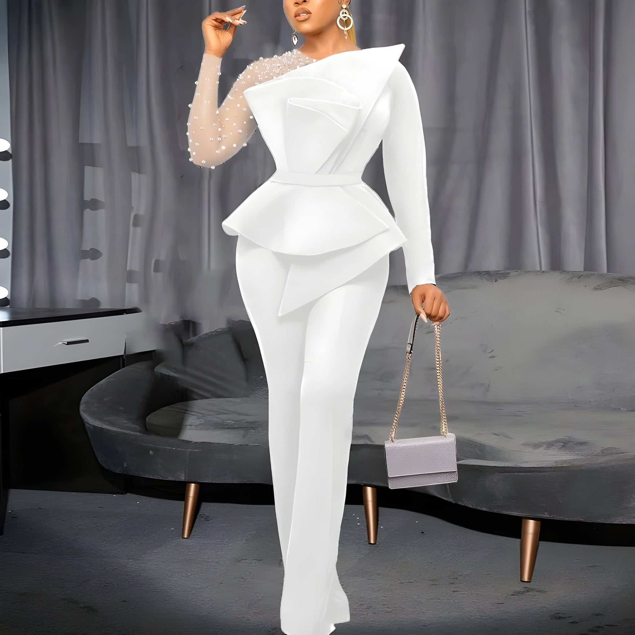 The Eulalia Long Sleeve Beaded Jumpsuit Saint Ashley White S 